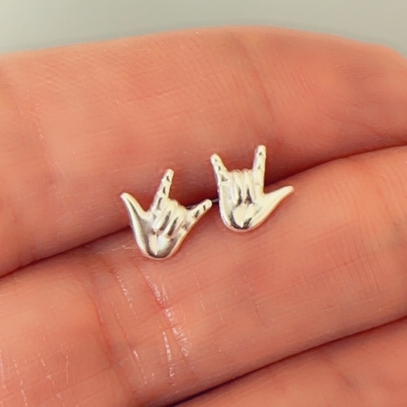 Sterling Silver I Love You ASL Sign Simple Stud Earrings - Picture 4 of 14